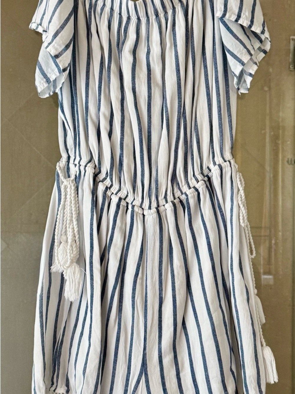 Bershka White & Blue Striped Off-Shoulder Romper